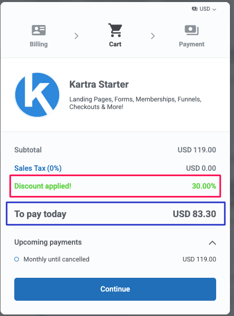 kartra discount applied